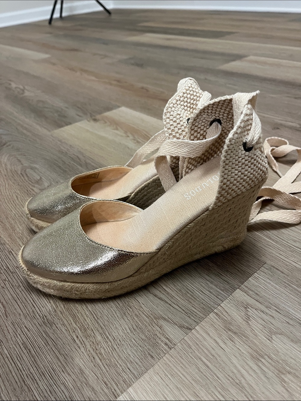 Soludos Wedge Espadrille Ankle-Tie Heels in Metallic Gold
